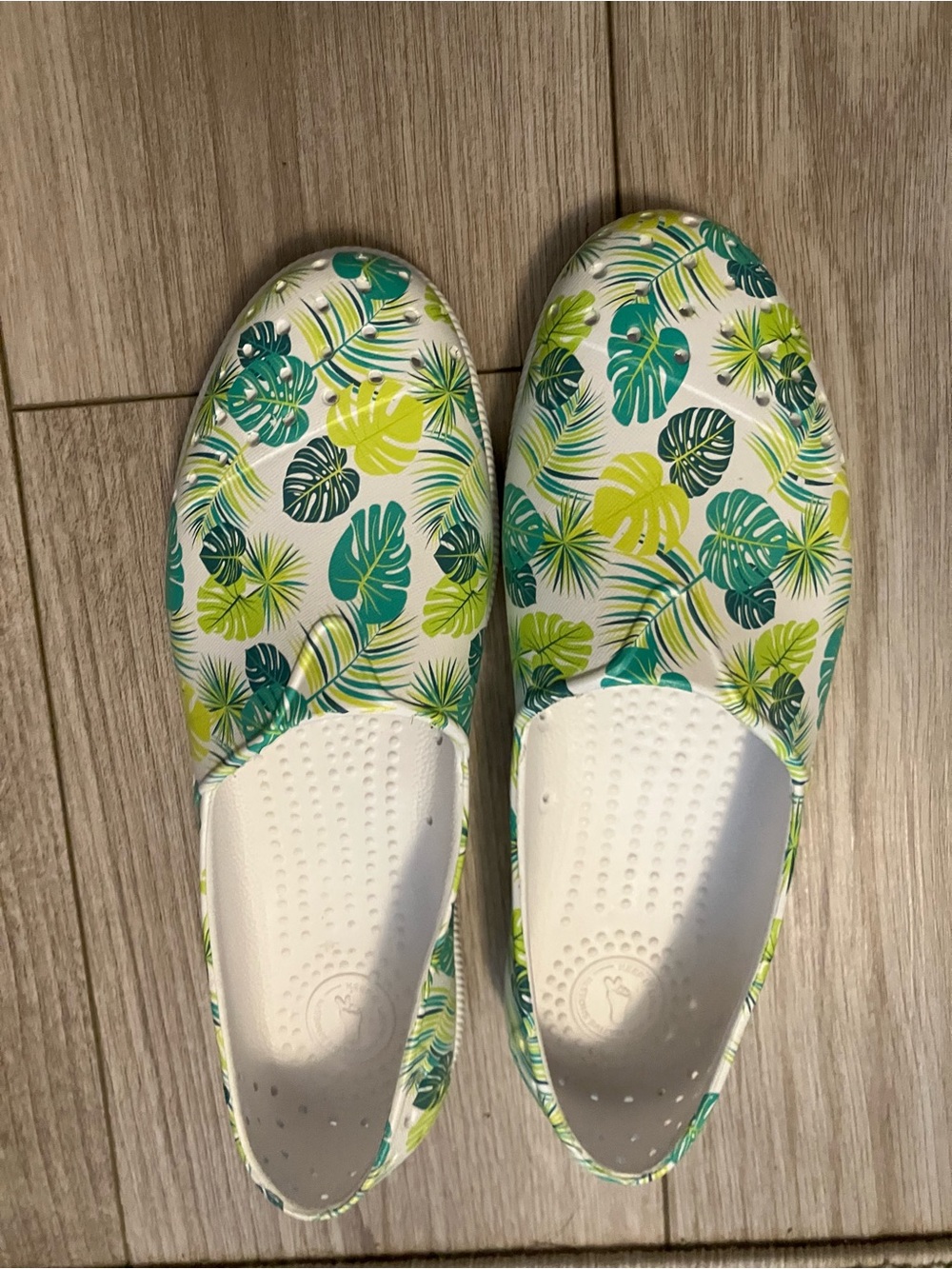 Native Shoes Women's Leaf Print Slip-On Flats in Green and White